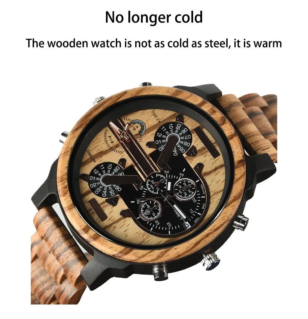 Stort ansikt Stort Tre Mote Kvarts Armbåndsur Strap Kjole Dual Clock Wooden Viking Watch