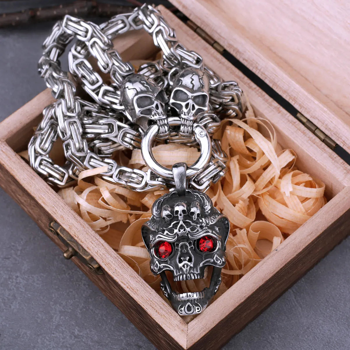 Stainless Steel Red Eye Skull Pendant With Skull Square Chain Viking Necklace