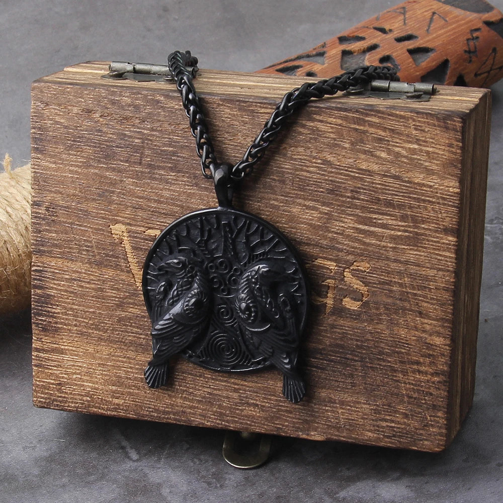 Collier Viking avec pendentif corbeau nordique noir Odin Huginn et Muninn