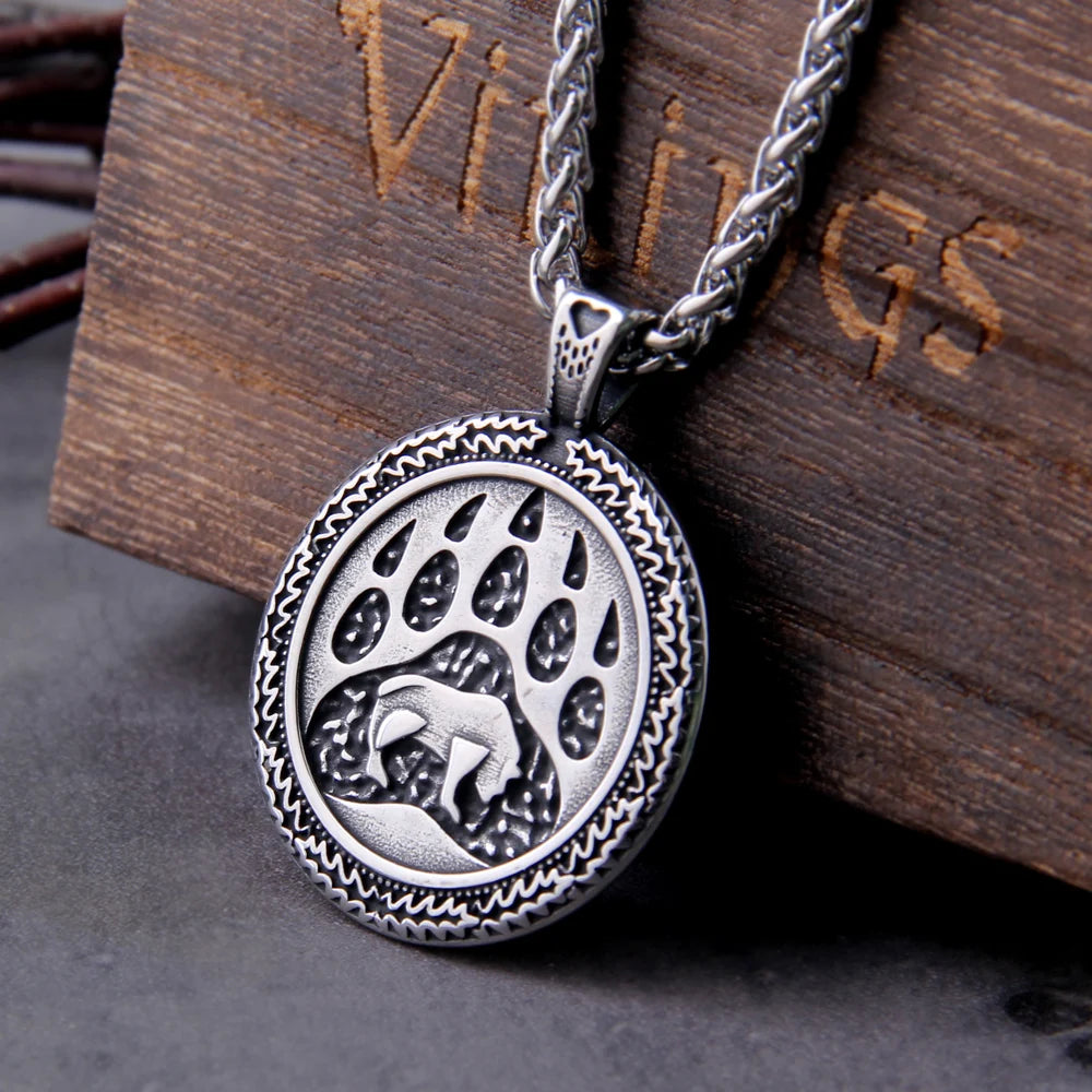 Never Fade Vintage Ryðfrítt stál Norse Bear Paw And Head Animal Pendant Viking Hálsmen