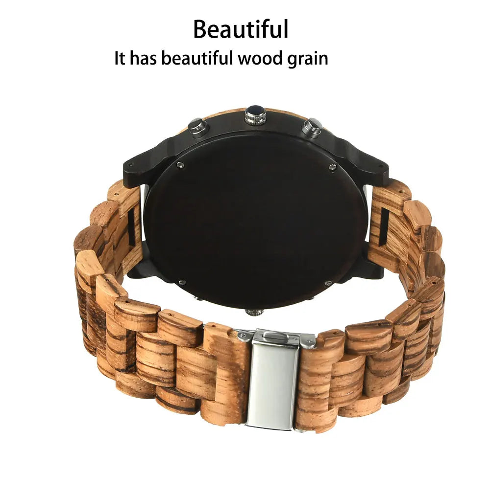 Relojes de pulsera de cuarzo de moda de madera grande con cara grande, vestido con correa, reloj doble, reloj vikingo de madera