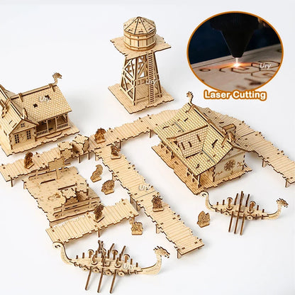 3D Wooden Puzzle City Viking Fisherman Wharf Village Handsmíðað samsetningarhússlíkan