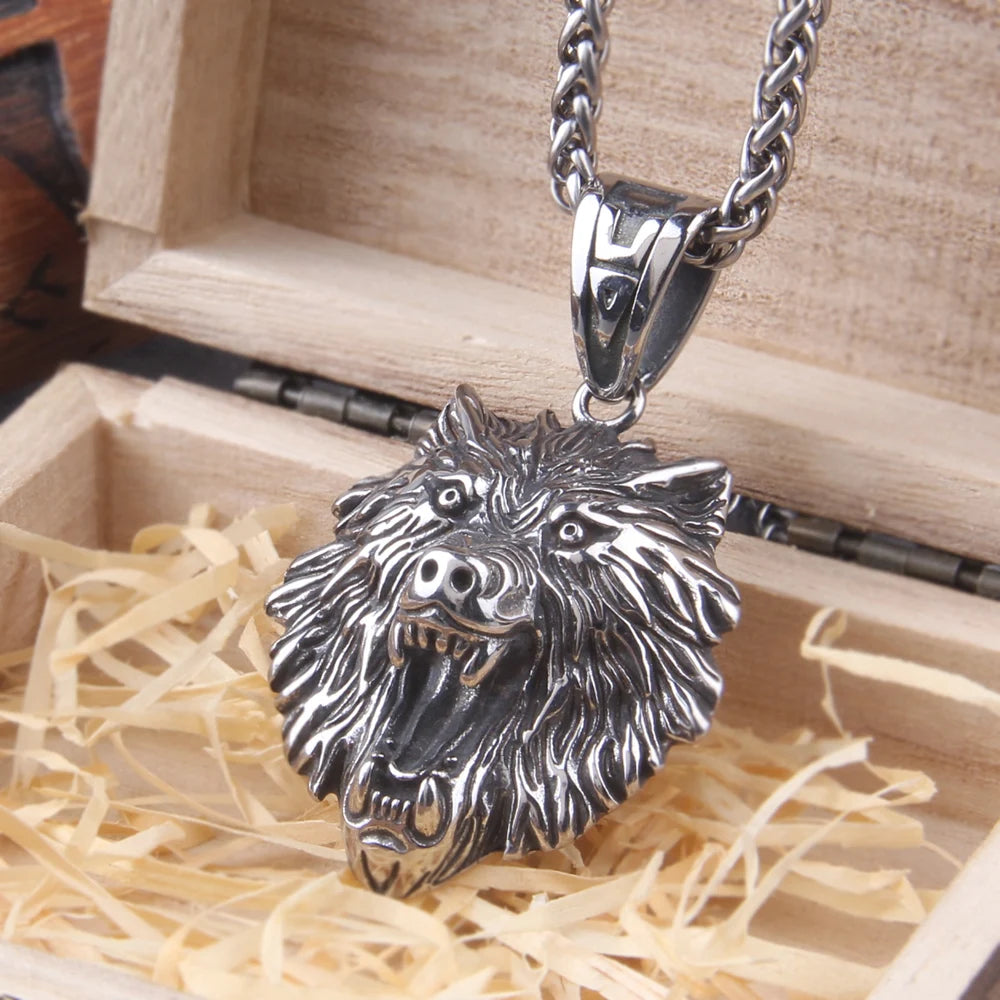 Norse Fashion Animal Stainless Steel Wolf Head Pendant Viking Necklace