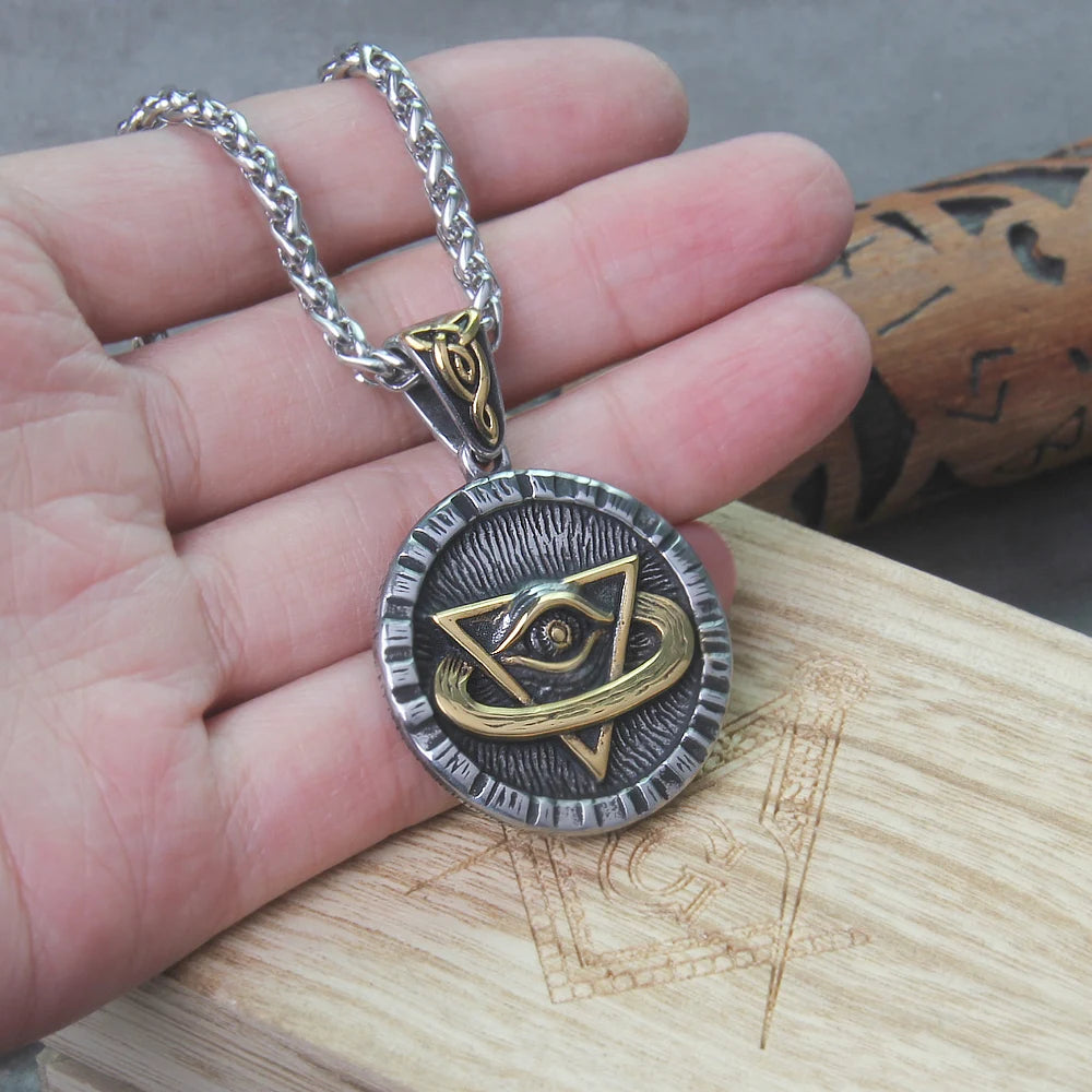 Punk Freemason Demon Eye Pendant rustfritt stål Triple Viking kjede