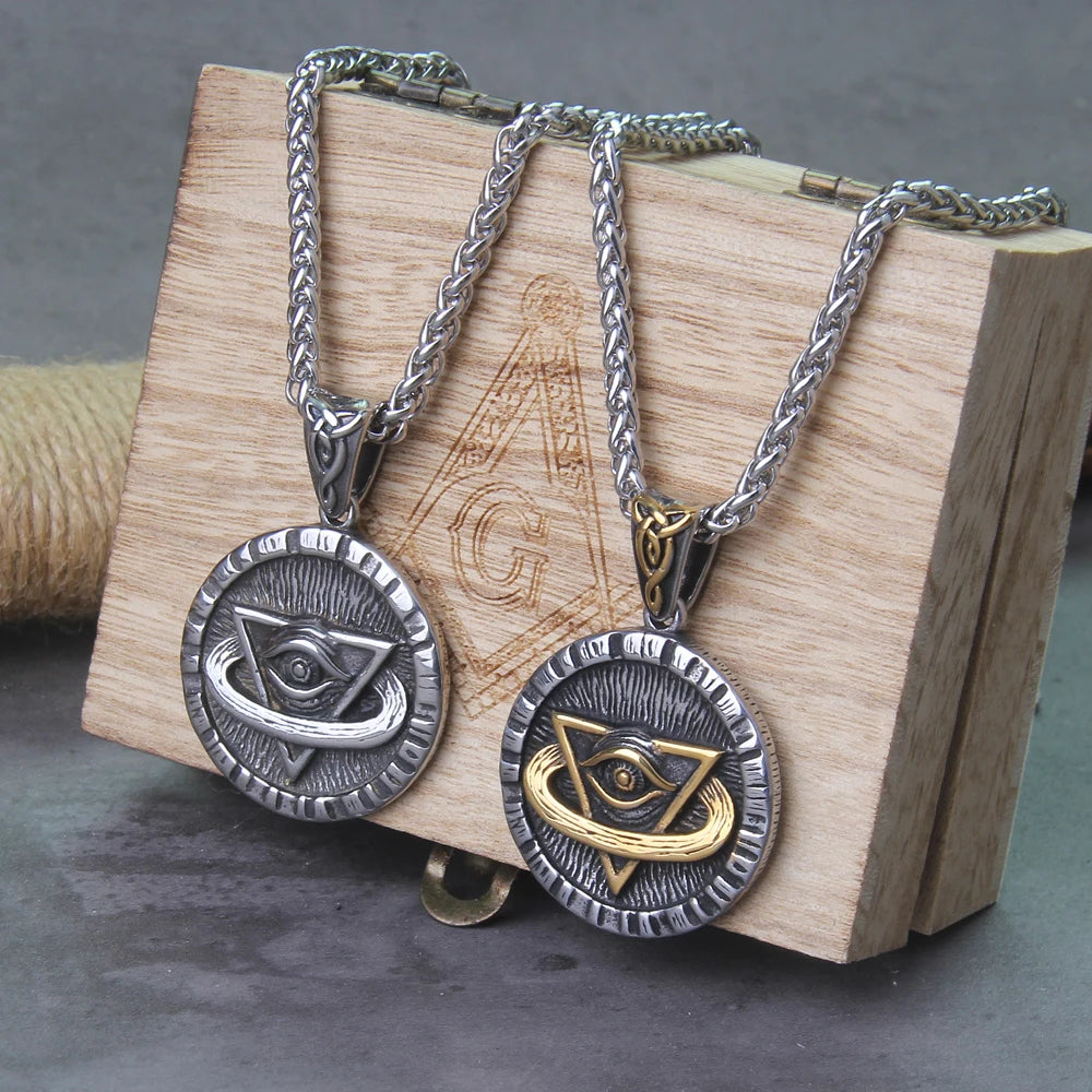 Punk Freemason Demon Eye Pendant Ryðfrítt stál þrefalt víkingahálsmen