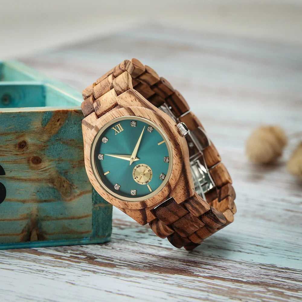 Reloj de madera con esfera de diamante simulado para mujer, reloj vikingo personalizado para aniversario de moda