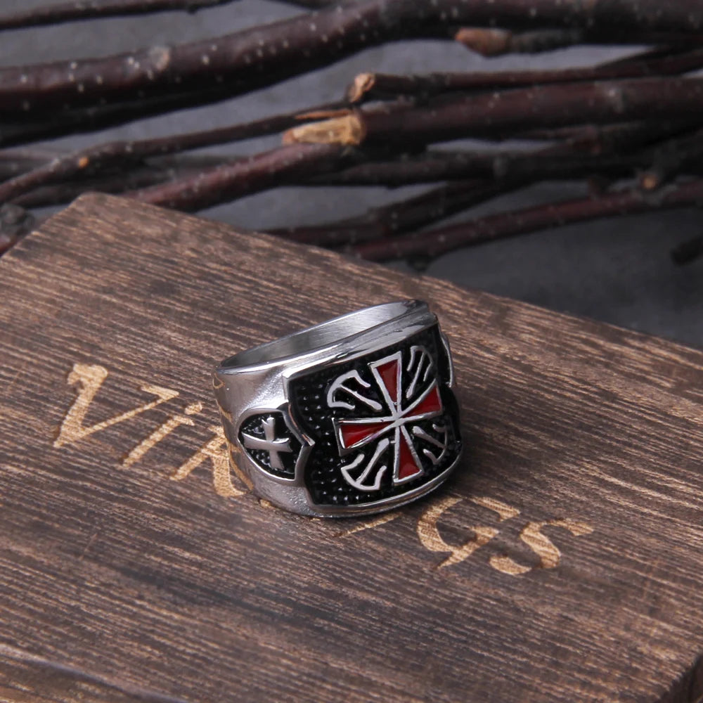Red Cross Inlaid Cubic Zirconia Domineering Knights Templar Ring