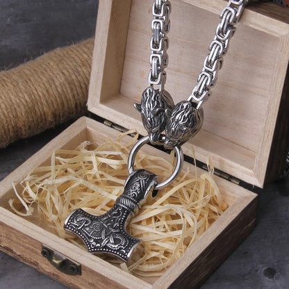 Collier Mjolnir tête de loup viking