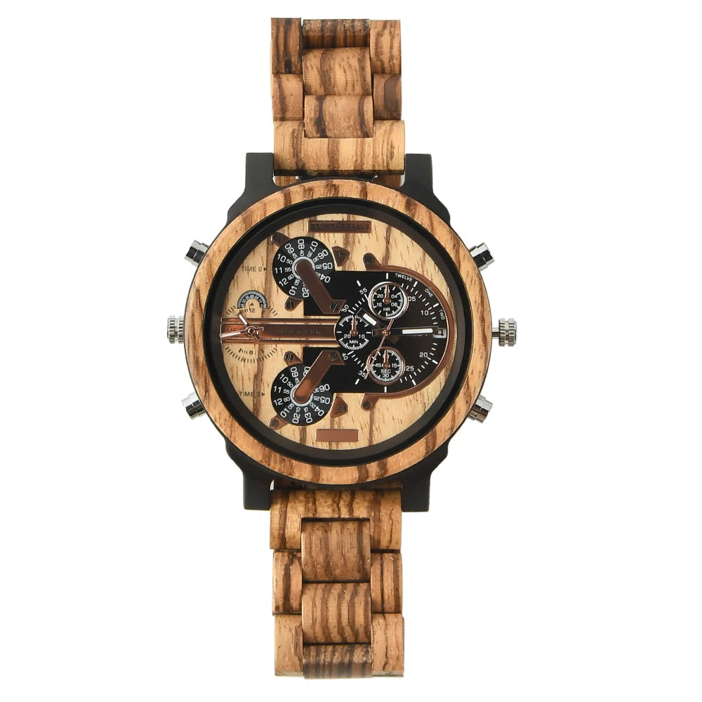 Big Face Large Wood Fashion Quartz Ročne ure Obleka s paščkom Dvojna ura Lesena ura Viking