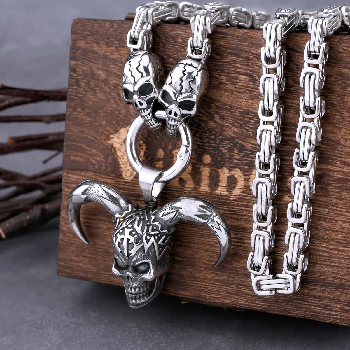 Goth Clown Skull Pendant with Skull Square Viking Necklace