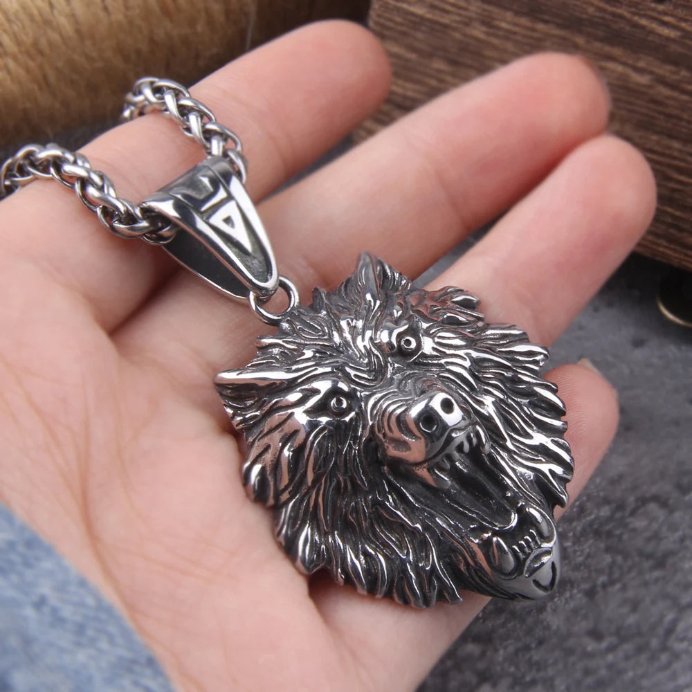 Norse Fashion djur rostfritt stål Wolf Head hänge Viking halsband