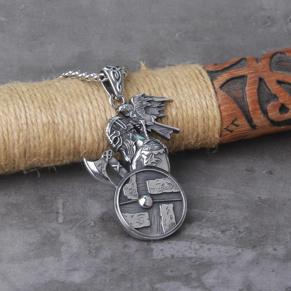 Odin's Raven Axe Pendant Shoulder Standing Raven Viking Necklace
