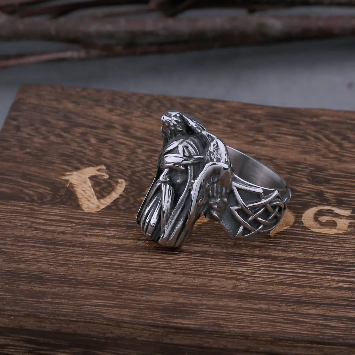 Nordic Viking Retro Odin Huginn and Munin Stainless Steel Ring