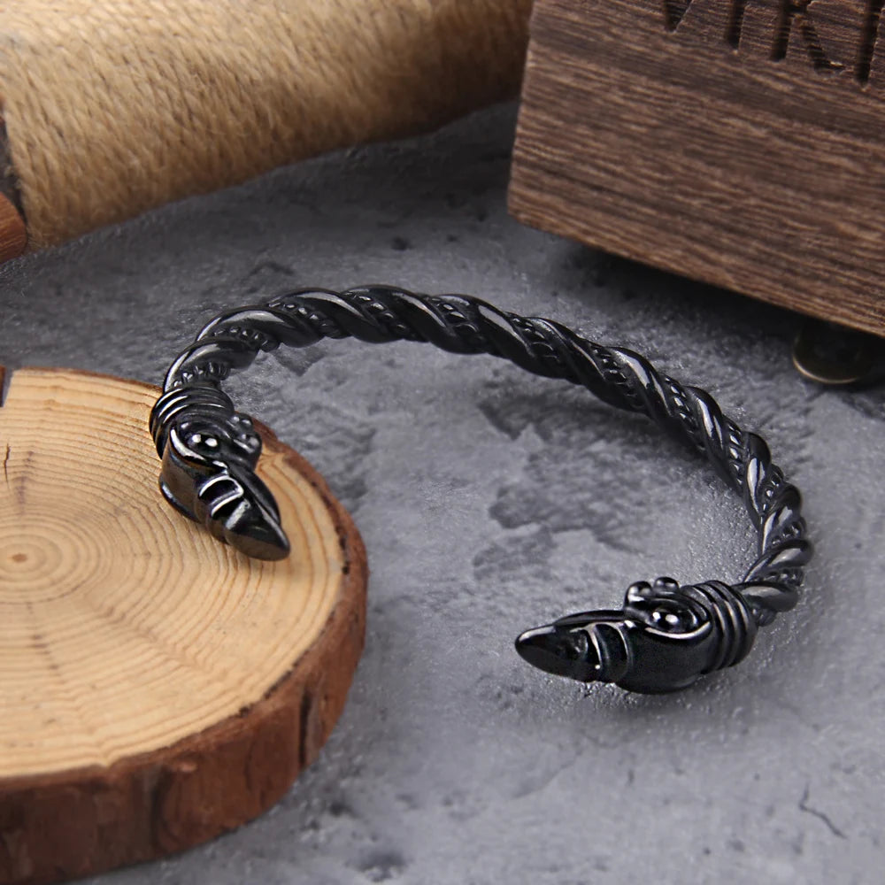 Pulseira Norse Raven Viking em aço inoxidável preto