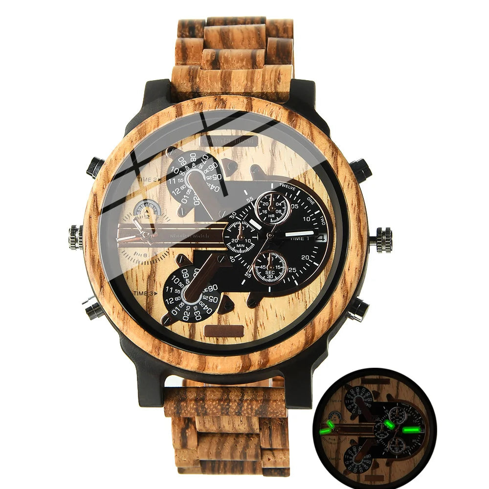 Relojes de pulsera de cuarzo de moda de madera grande con cara grande, vestido con correa, reloj doble, reloj vikingo de madera