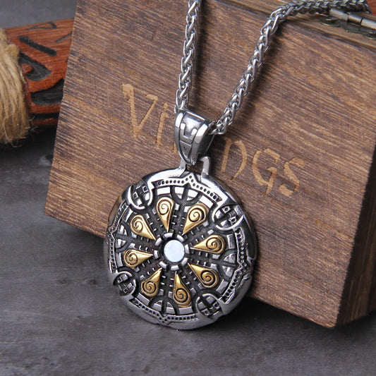 Collar vikingo de runas de color dorado con mezcla nórdica Vegvisir de acero inoxidable