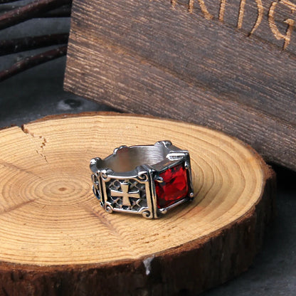 Punk Cross Casting Prong Indstilling Rød CZ Stone Viking Ring