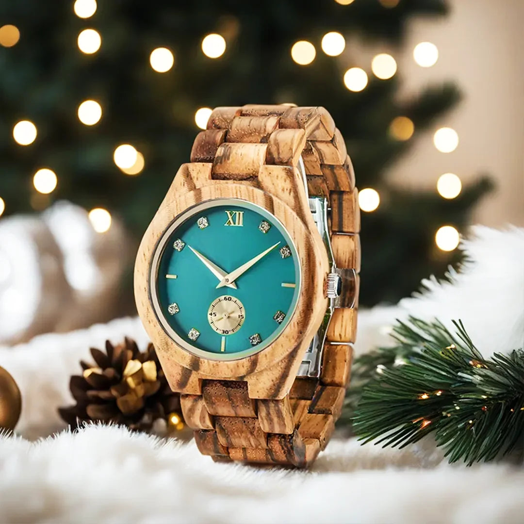 Reloj de madera con esfera de diamante simulado para mujer, reloj vikingo personalizado para aniversario de moda