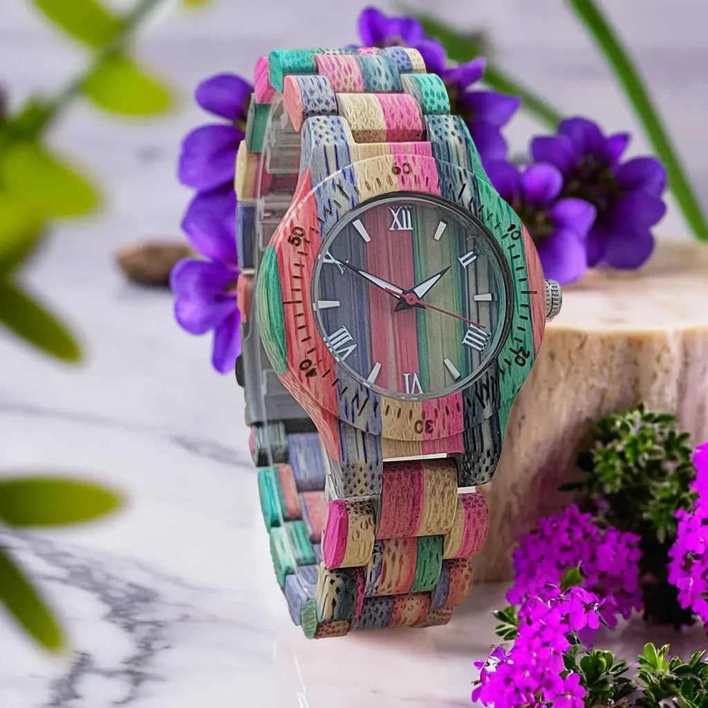 Reloj de mujer elegante y colorido reloj vikingo de madera de bambú