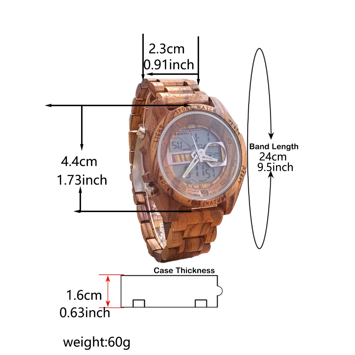 Montre numérique à quartz en bois LED avec alarme naturalisme et sport Viking