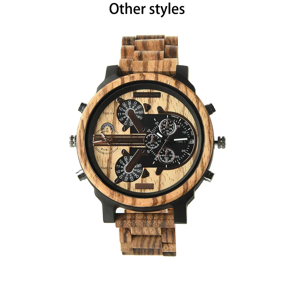 Relojes de pulsera de cuarzo de moda de madera grande con cara grande, vestido con correa, reloj doble, reloj vikingo de madera