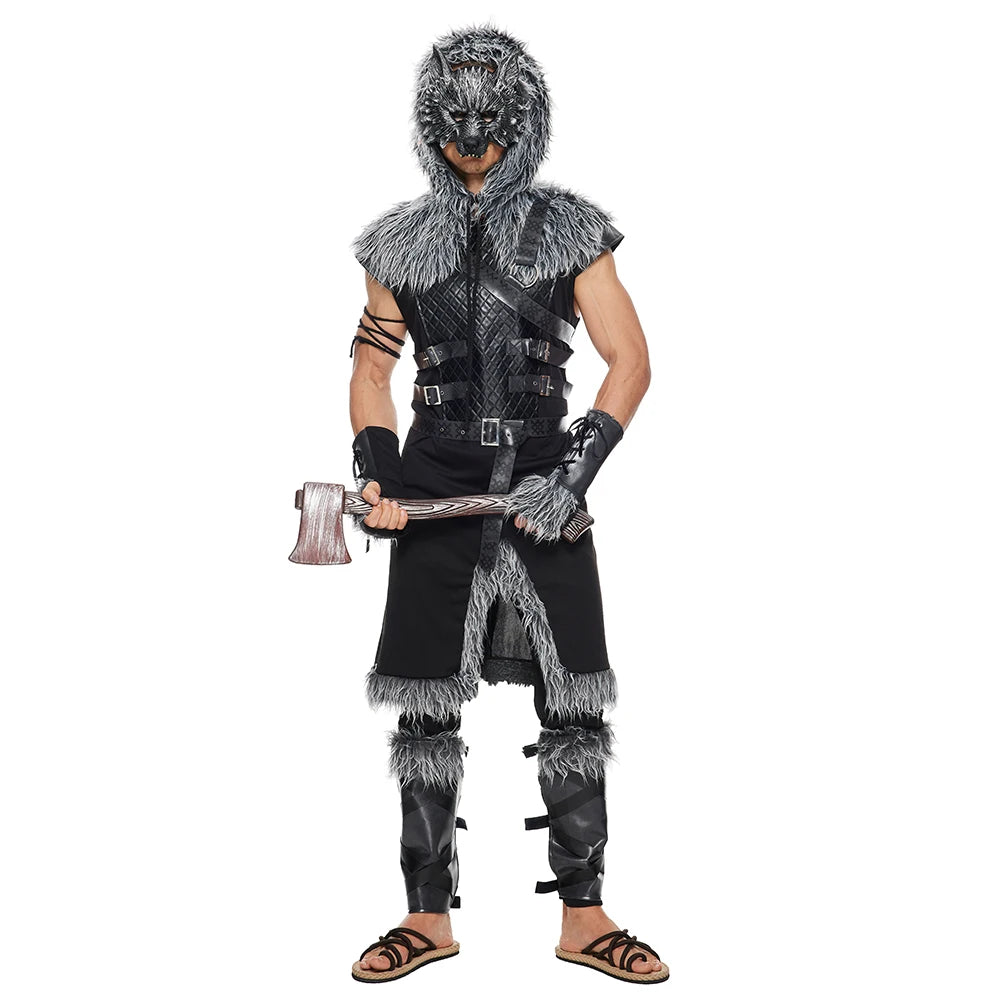 Costume da lupo Lupo mannaro Guerriero Cosplay Costumi di Halloween per adulti Tuta in pelle di pelliccia Set completo vichingo