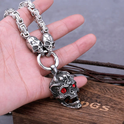 Pendentif crâne œil rouge en acier inoxydable, avec chaîne carrée, collier Viking