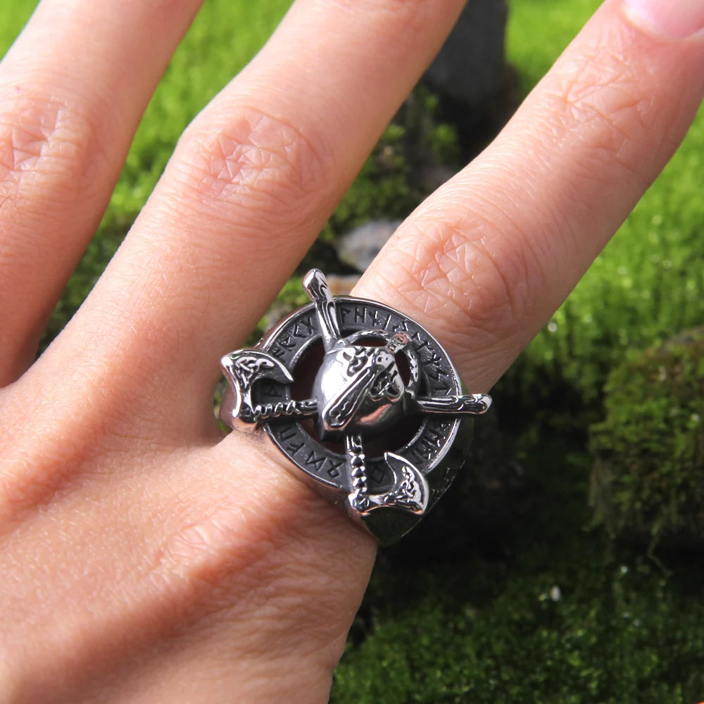 Warrior With Axe On Shield Pendant Viking Ring