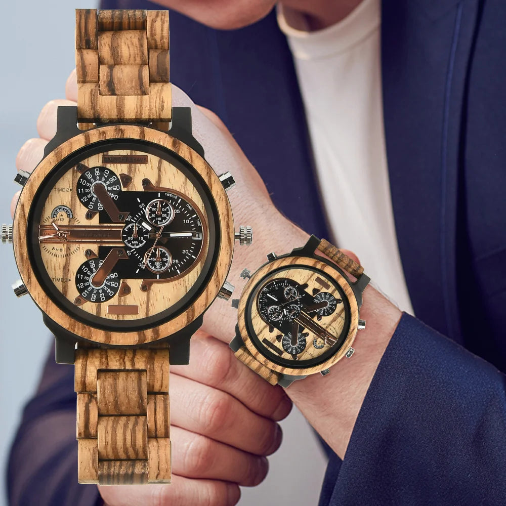 Relojes de pulsera de cuarzo de moda de madera grande con cara grande, vestido con correa, reloj doble, reloj vikingo de madera