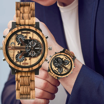 Big Face Large Wood Fashion Quartz náramkové hodinky Šaty s řemínkem Dual Clock Dřevěné vikingské hodinky