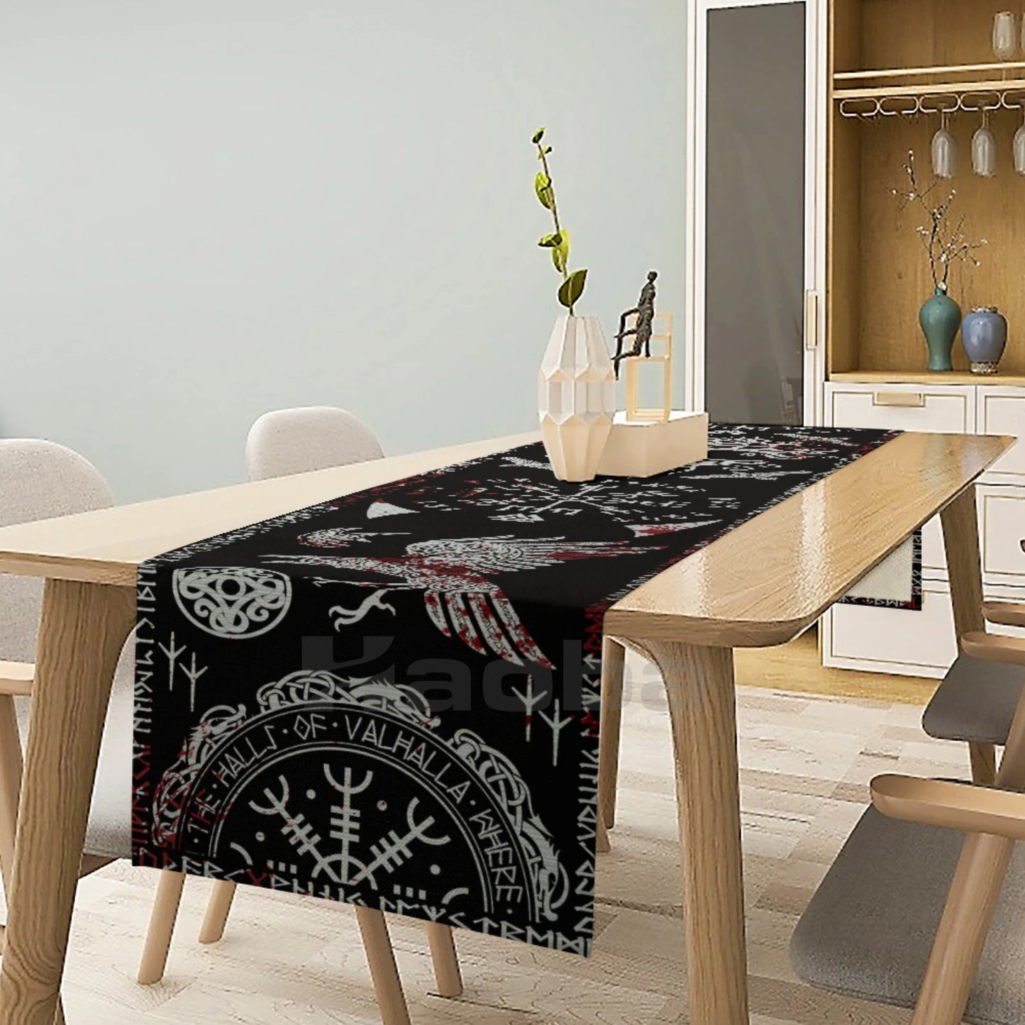 Black Viking Raven Tree of Life and Runes Table Runner