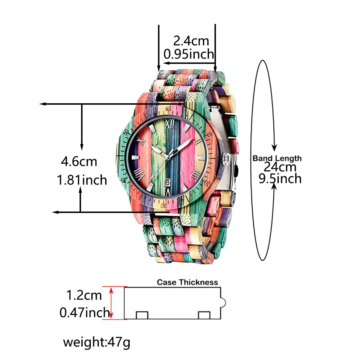 Kalender, quadratisches Zifferblatt, buntes Bambus-Naturarmband, hölzerne Wikingeruhr