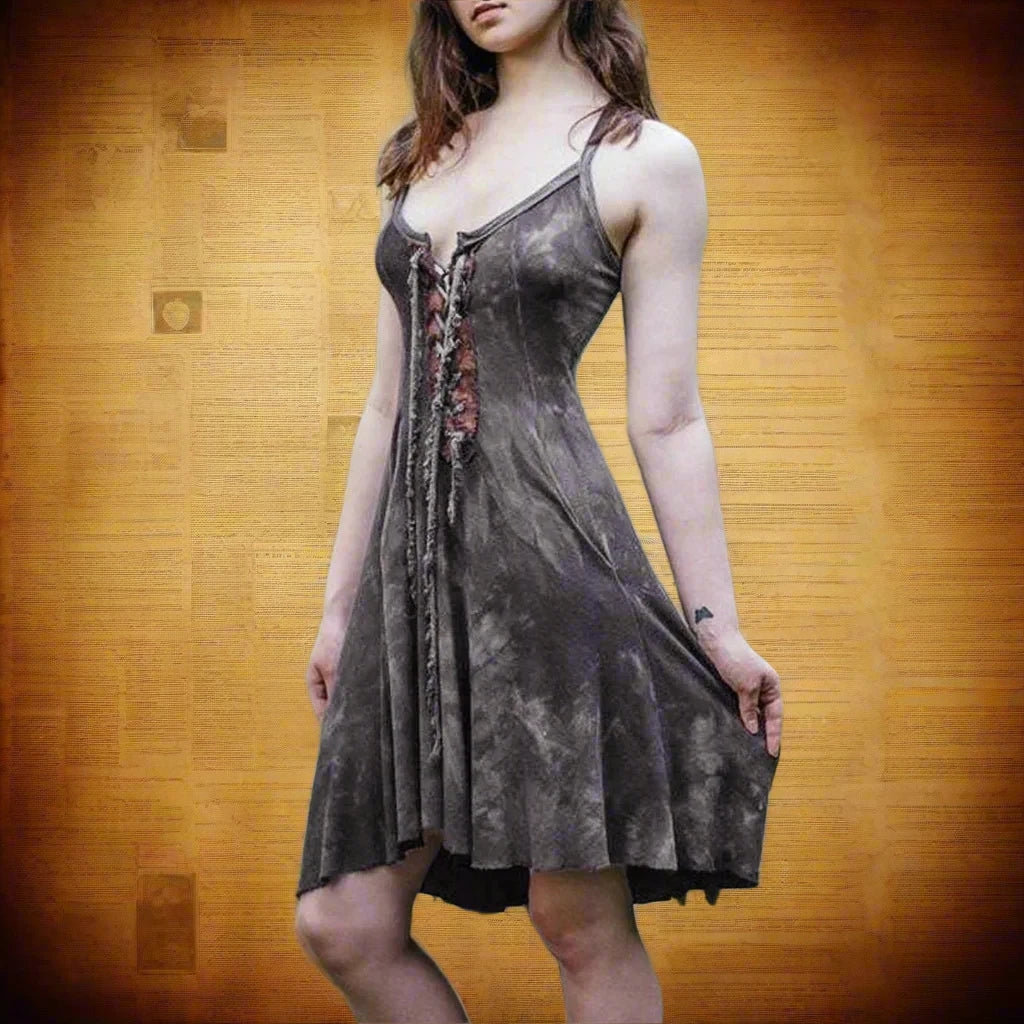 Sleeveless grey Viking Dress with lace-up details on display