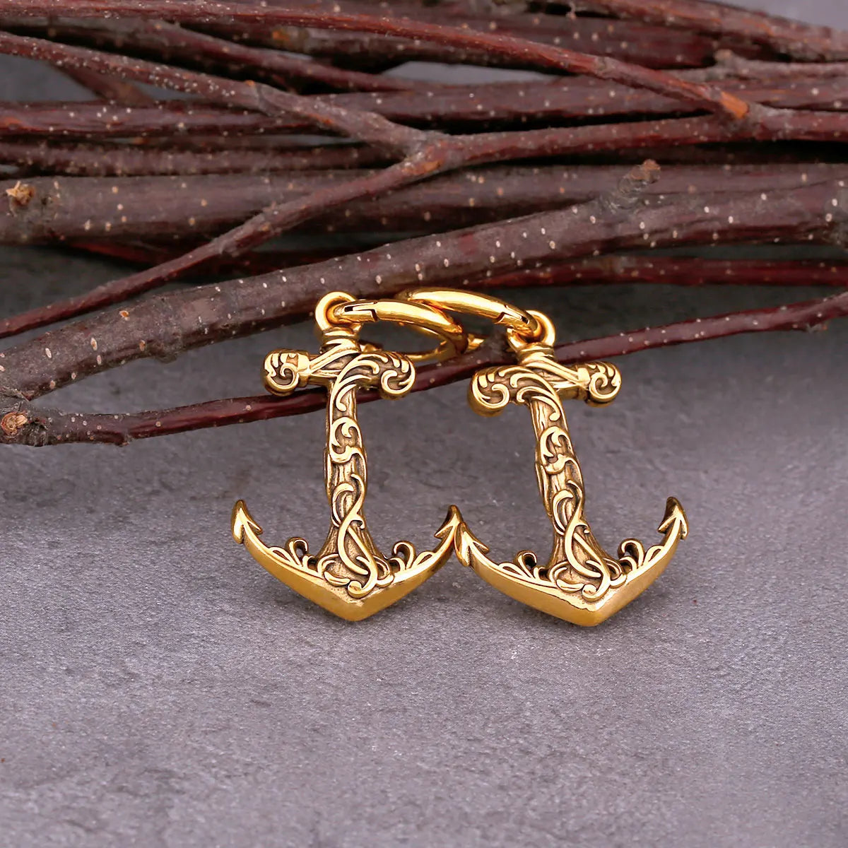 Gold Anchor Drop Viking Earrings