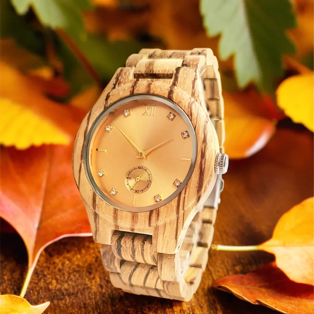 Kvenna kvars úlnliðsúr Wood Fashion Simulated Diamond Dial Wood Armband Viking Watch