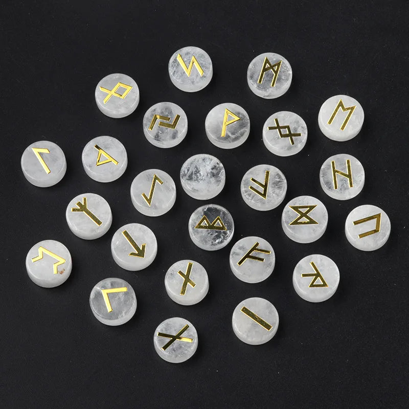 25pcs/set Natural Quartz Obsidian Stone Round Viking Runes Set