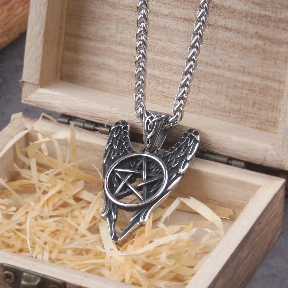 Pentacle Castiel Angel Wings Vintage Antique Dath Silver siogairlín muince Lochlannach