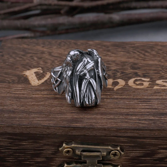 Nordic Viking Retro Odin Huginn and Munin Stainless Steel Ring