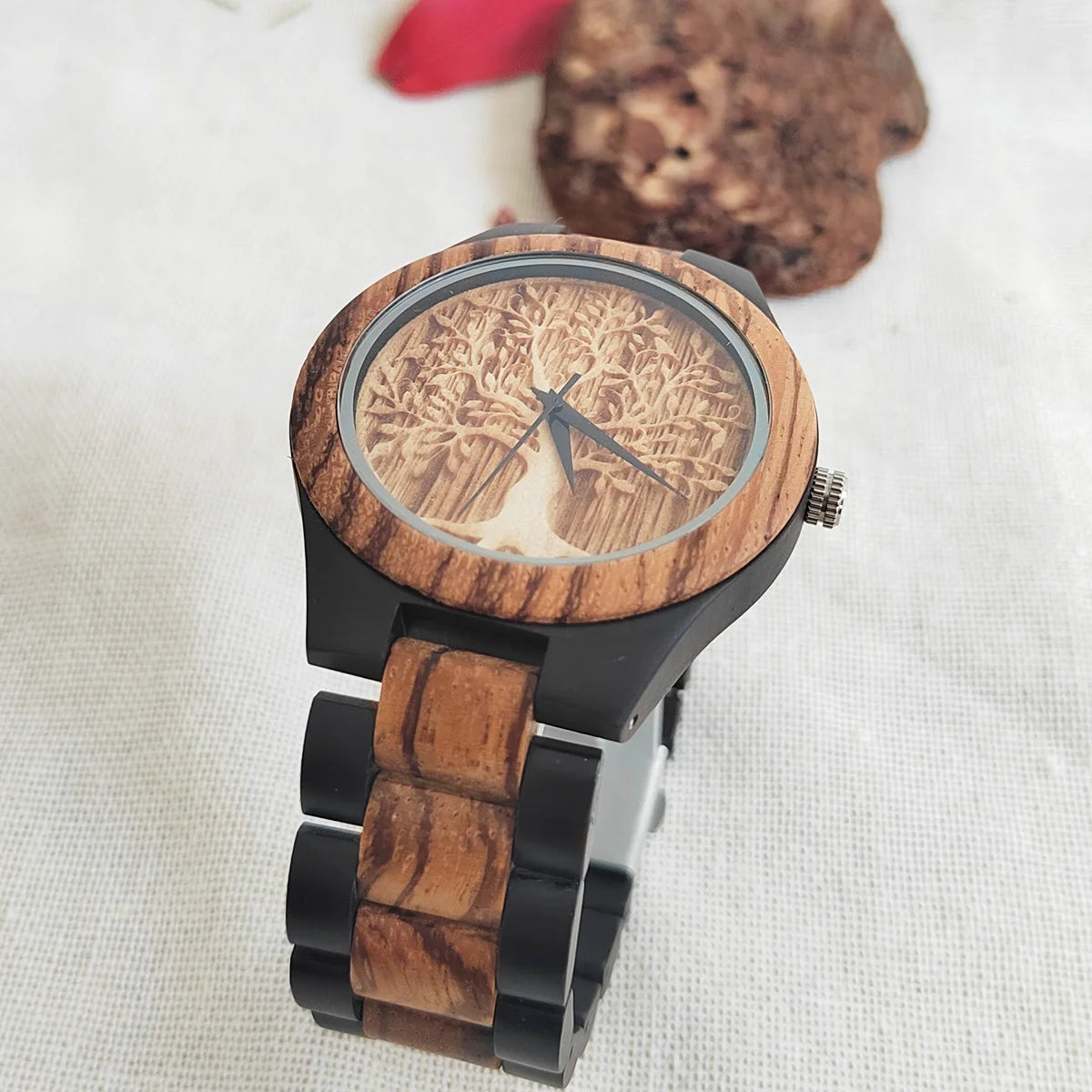 Lucky Tree of Life Chronograph Mode Hummingbird Dial Wood Quartz Wrist Viking Watch