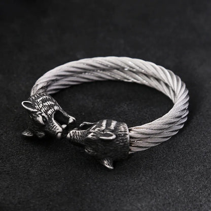 Double Wolf Head Cable Bracelet - TripleViking