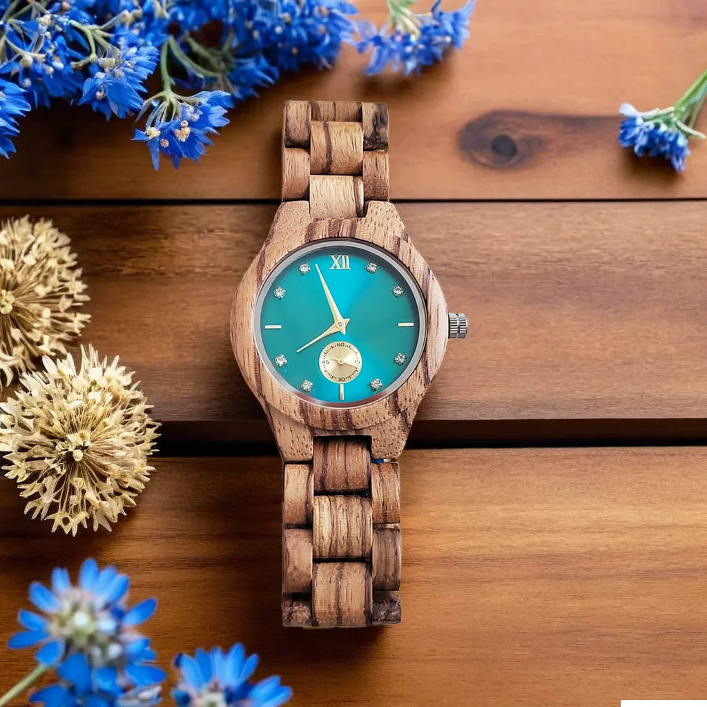 Women's Fashion Simulated Diamond Dia Clock Stylish simplicity Quartz Wooden Viking Watch