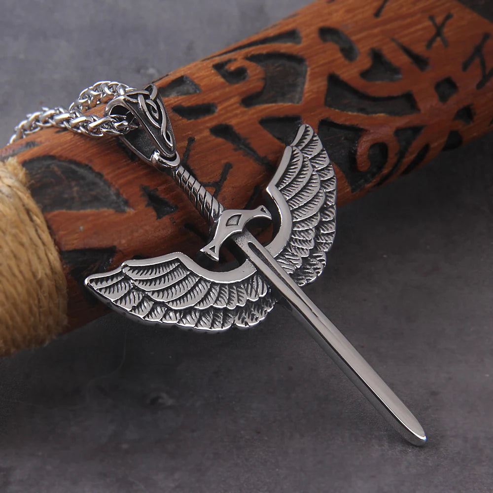 Stainless Steel Angel Wings Pendant Viking Necklace