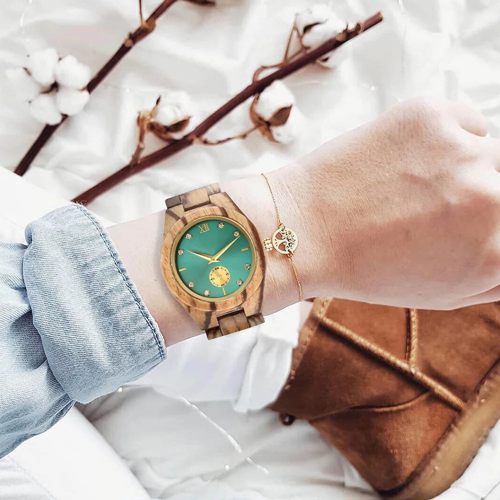 Montre en or pour femmes, montre de luxe décontractée, bracelet en bois, Viking