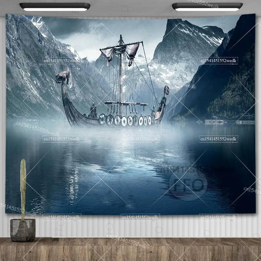 Viking's Ship And Nature Landscape Tapestry