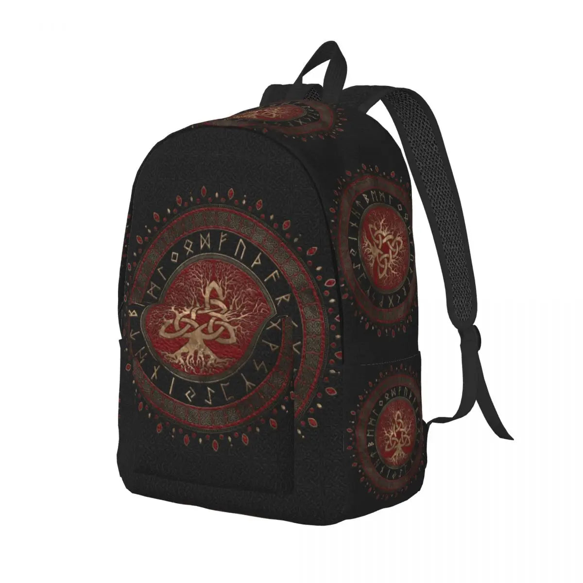 Arbre de vie viking nordique avec sac à dos en toile de voyage en cuir rouge noir Triquetra et or