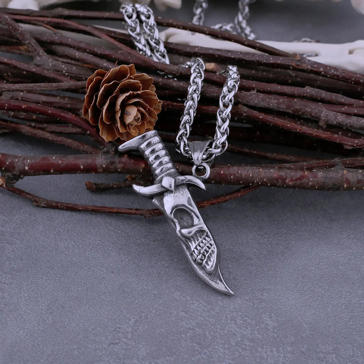 Stainless Steel Skull Dagger Viking Necklace