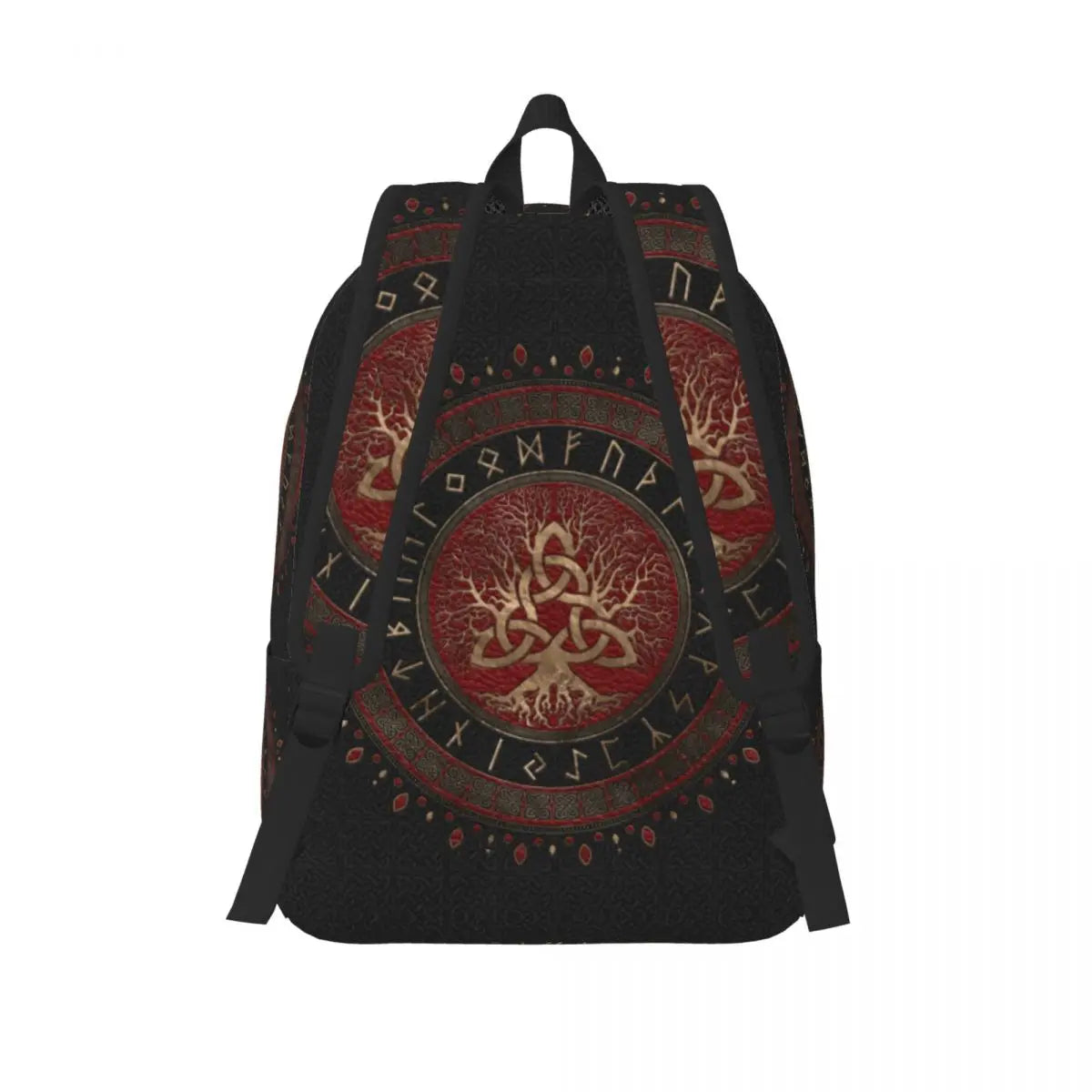 Norse Viking Tree Of Life With Triquetra Black Red Leather And Gold Travel Canvas Backpack