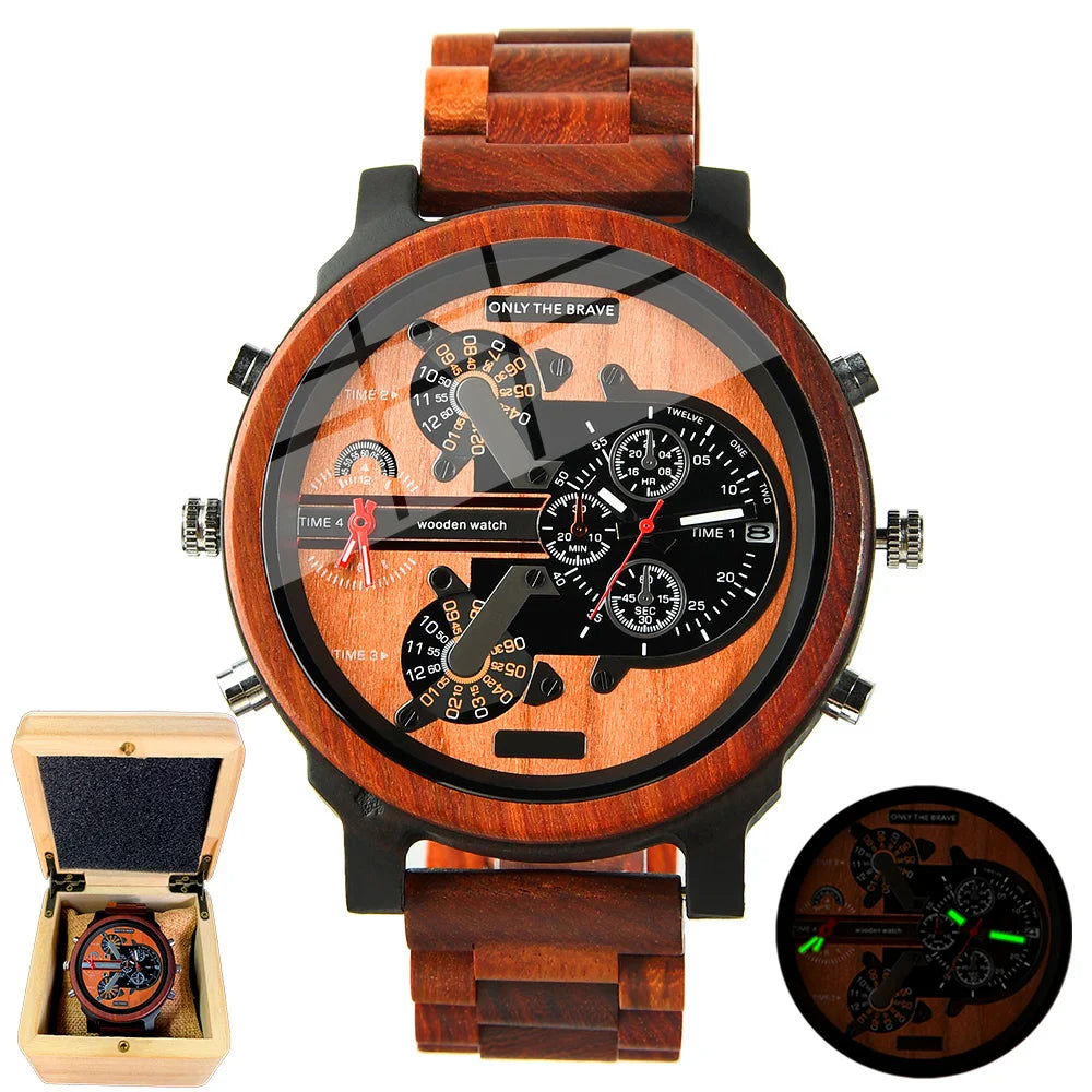 Relojes de pulsera de cuarzo de moda de madera grande con cara grande, vestido con correa, reloj doble, reloj vikingo de madera