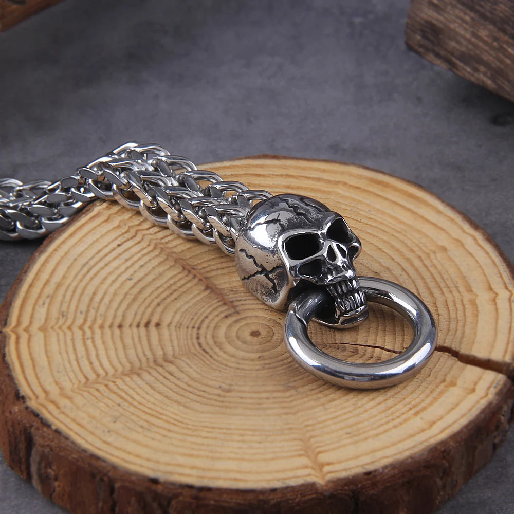 Pulsera vikinga de acero inoxidable con doble cabeza de calavera nórdica