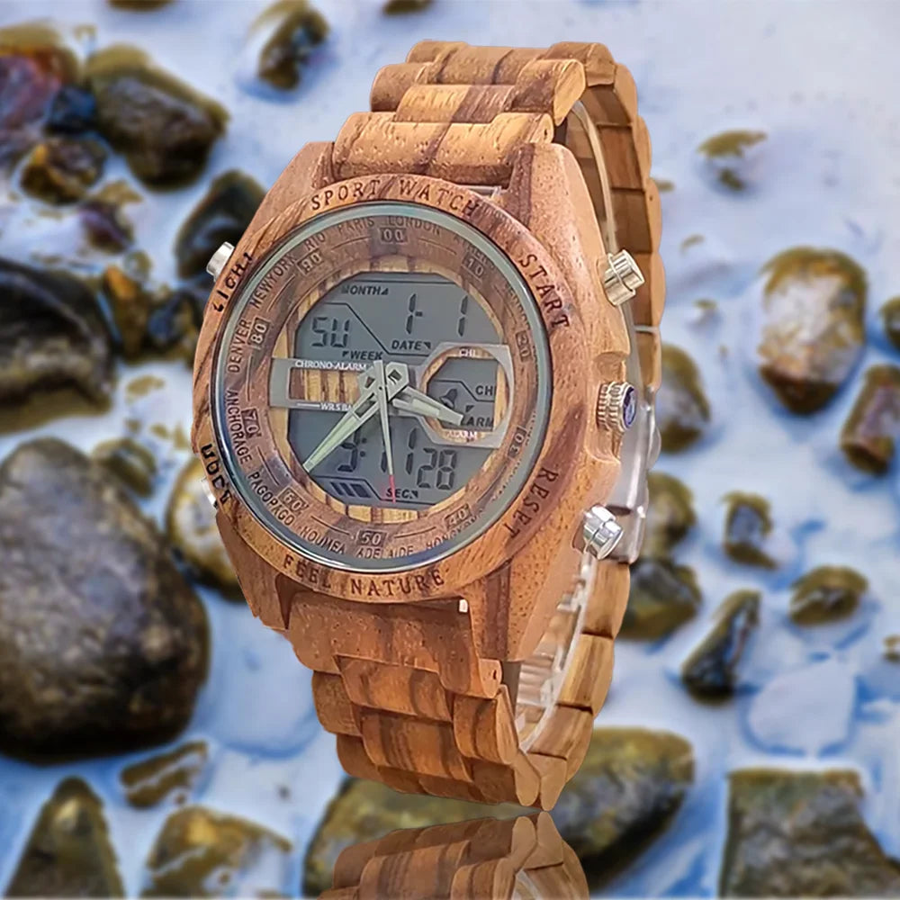 Montre numérique à quartz en bois LED avec alarme naturalisme et sport Viking